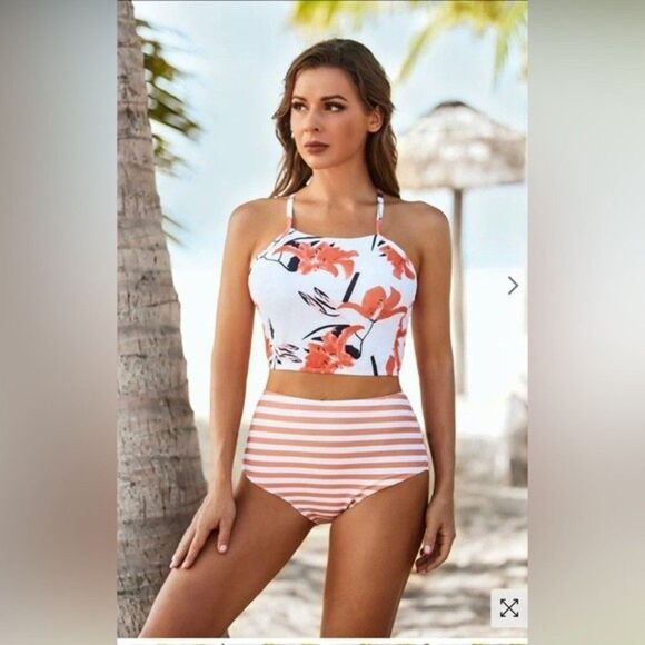 Women’s Tropical Two piece Bikini beach floral boho romantic chic red set M. - Picture 3 of 10